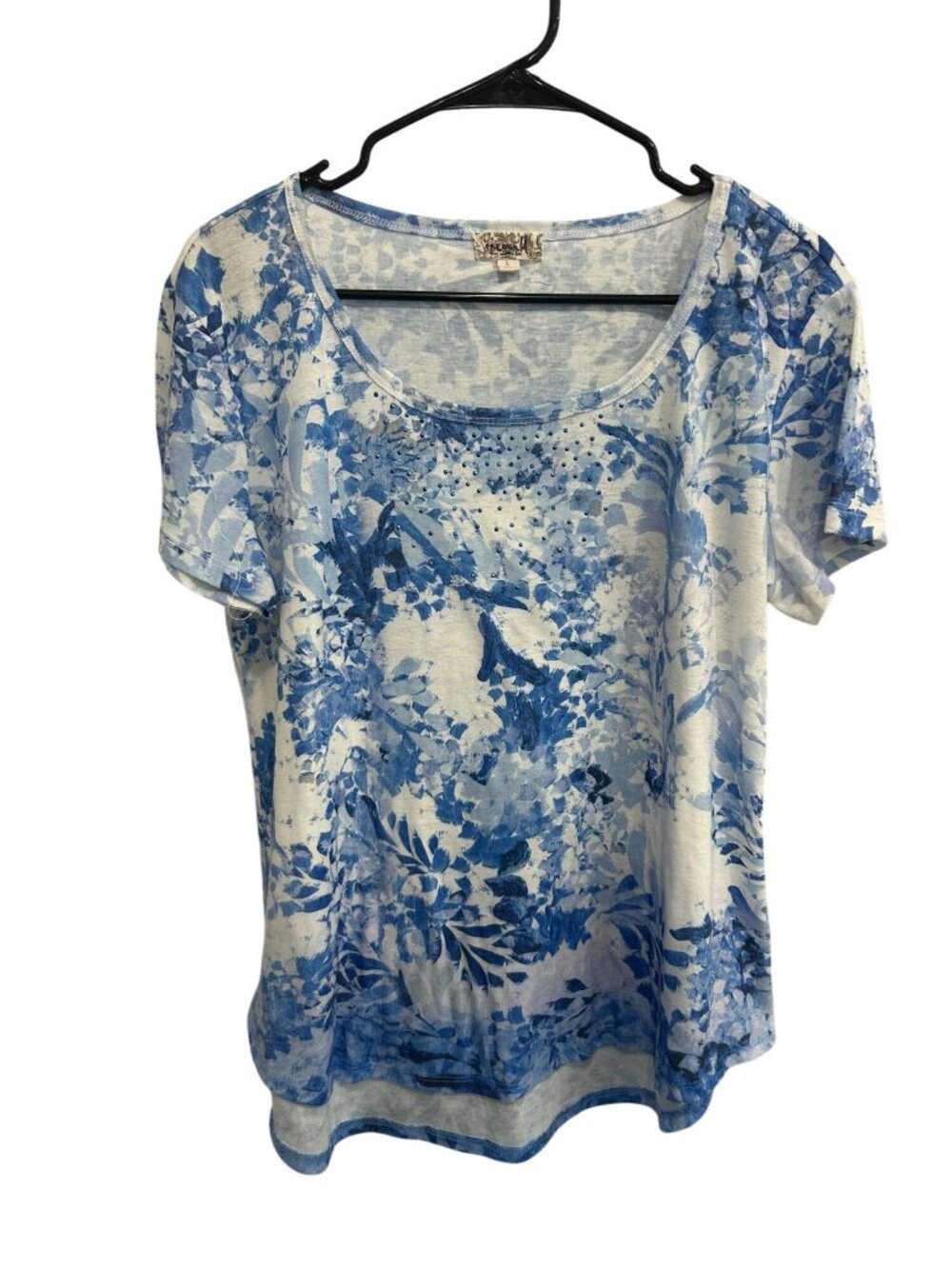 One World Large Blue White Floral Scoop Neck Embellished Top Floralcore Coastal